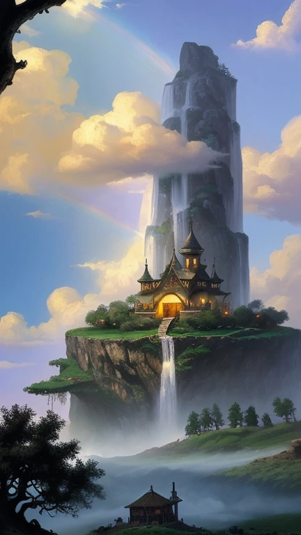 Segrel style drawing, masterpiece, The Gigantic Oak grows on the island, on its spreading branches there is a cozy one-story hut with a porch and a luminous window, A sparkling waterfall flows from under the roots of an oak tree, there is a bright rainbow in the sky above the oak tree