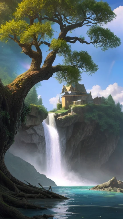 Segrel style drawing, masterpiece, The Gigantic Oak grows on the island, on its spreading branches there is a cozy one-story hut with a porch and a luminous window, A sparkling waterfall flows from under the roots of an oak tree, there is a bright rainbow in the sky above the oak tree