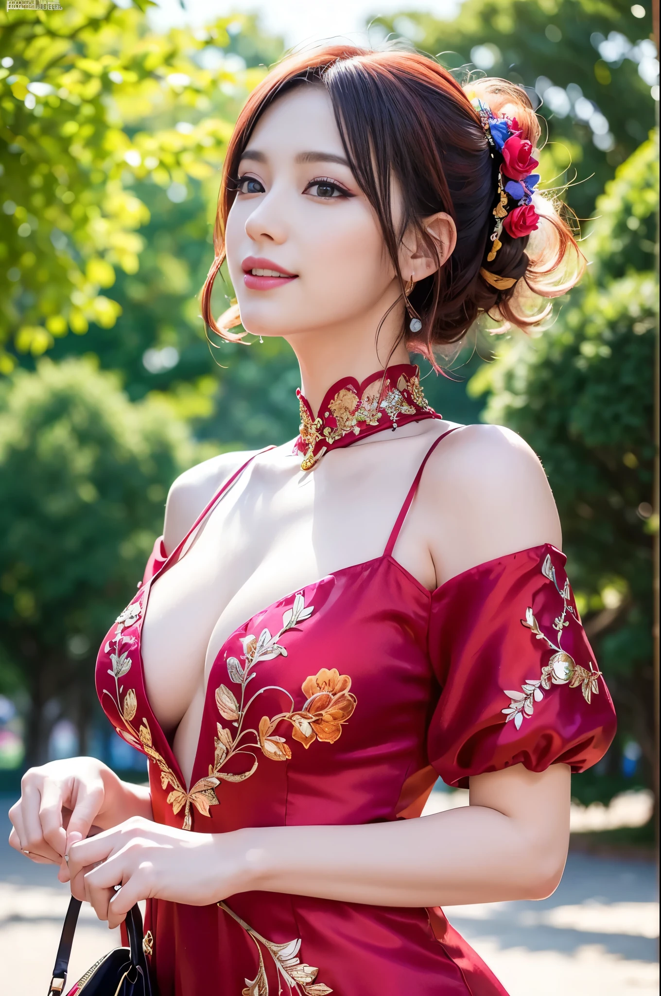 (masterpiece:1.4), (best quality:1.4), ultra high res, ultra high resolution, ((detailed facial features)), HDR, (realistic, photorealistic, photo-realistic:1.37), full body Esbian, sexy Vietnamese model, (-anime), vivid colors, ((vivid colors multicolor (red, pink) very short hair)), (happy smile), lip-gloss, long lashes, ultra detailed metallic makeup, defined eyebrows, wearing large sparkling colorful jewelery, wearing a red silk Paradise Kiss cosplay dress with black floral embroidery, ((vivid colors outfit)), vivid colors, look at the camera, cinematic light, large park background with trees, sweet and sexy pose