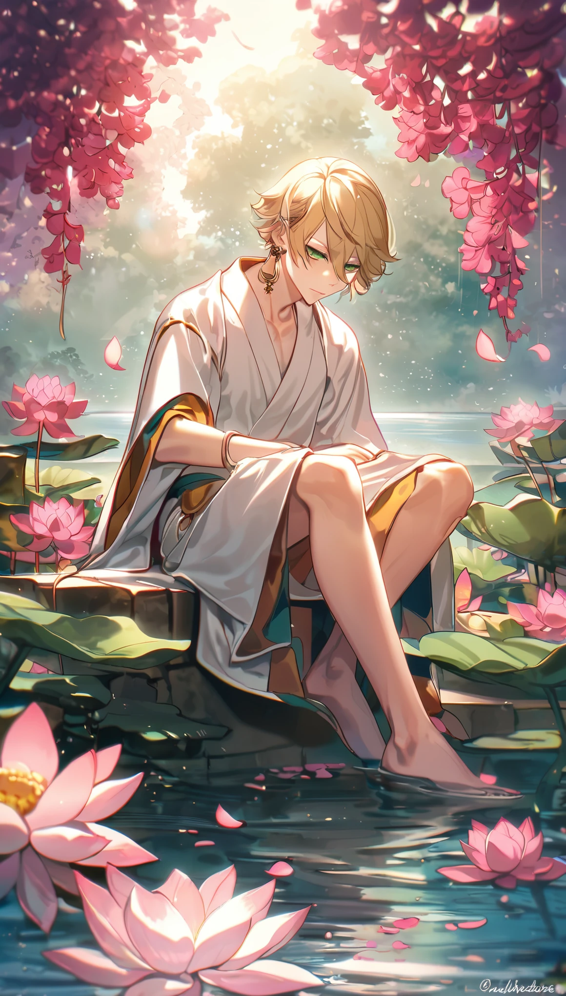 (absurd, highres, ultra detailed, HDR), masterpiece, best quality, perfect face, fine features, bright green eyes, solo, male, handsome, Taishakuten, ash blonde hair, hair between eyes, white tunic, chest, lotus earrings, onmyoji , pink petals, pink butterflies, sitting on the shore of a lake, looking at the water, full body image, perfect anatomy, athletic,