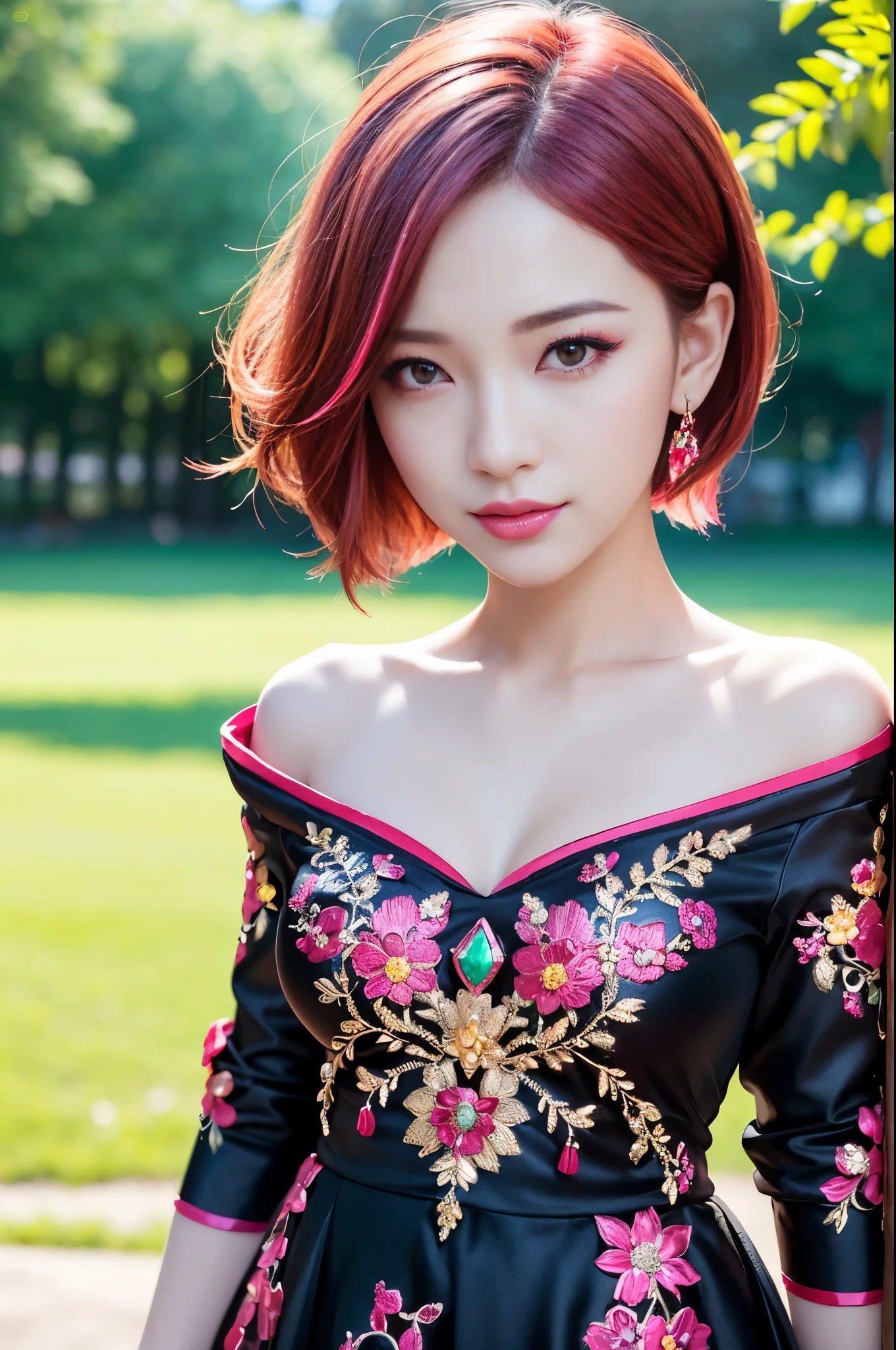 (masterpiece:1.4), (best quality:1.4), ultra high res, ultra high resolution, ((detailed facial features)), HDR, (realistic, photorealistic, photo-realistic:1.37), full body Esbian, sexy Vietnamese model, (-anime), vivid colors, ((vivid colors multicolor (red, pink) very short hair)), (happy smile), lip-gloss, long lashes, ultra detailed metallic makeup, defined eyebrows, wearing large sparkling colorful jewelery, wearing a red silk Paradise Kiss cosplay dress with black floral embroidery, ((vivid colors outfit)), vivid colors, look at the camera, cinematic light, large park background with trees, sweet and sexy pose