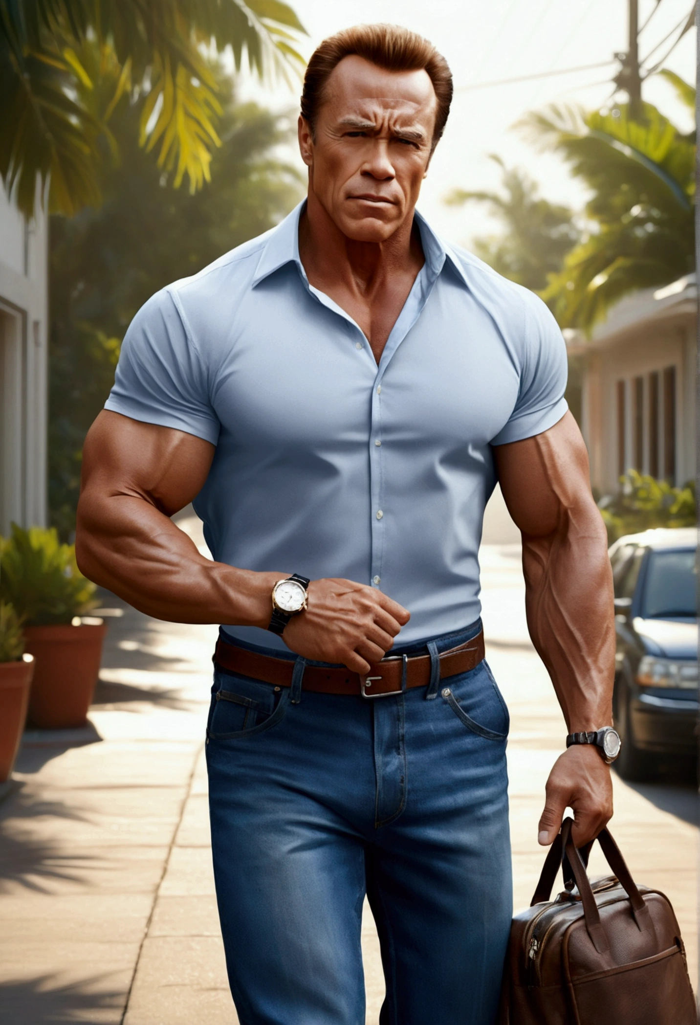 (best quality,4K,8K,high resolution,artwork:1.2),Ultra-detailed,(realistic,photorealistic,photo-realistic:1.37),Man, wearing shirt, muscular carrying a business bag,stylish,Persuasive, illustration,Energetic,expressive,confident,tropical,work,Physically fit,athletic,T-shirt jeans, executive bag, muscular, Arnold style, determined,dynamic pose, A quiet residential street at dawn.
He walks down the sidewalk, looking at his wristwatch with a worried expression.