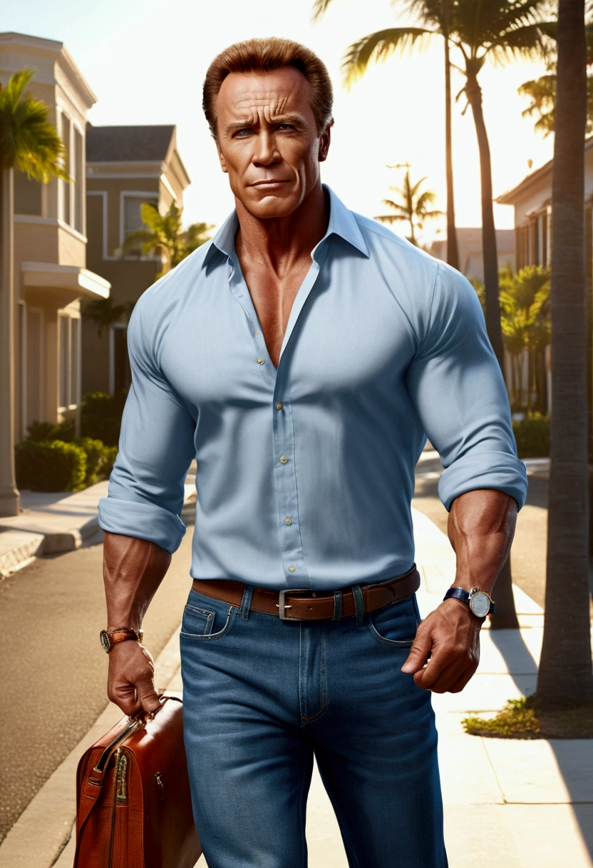 (best quality,4K,8K,high resolution,artwork:1.2),Ultra-detailed,(realistic,photorealistic,photo-realistic:1.37),Man, wearing shirt, muscular carrying a business bag,stylish,Persuasive, illustration,Energetic,expressive,confident,tropical,work,Physically fit,athletic,T-shirt jeans, executive bag, muscular, Arnold style, determined,dynamic pose, A quiet residential street at dawn.
He walks down the sidewalk, looking at his wristwatch with a worried expression.