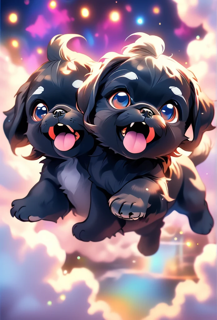 2 cute black Shih Tzu puppies flying through the sky, playful and joyful, adorable puppy with fluffy fur, big blue eyes and happy expression, puppy soaring gracefully through the clouds, magical fantasy scene, vibrant colors, whimsical lighting, highly detailed, 8k, photorealistic, digital art