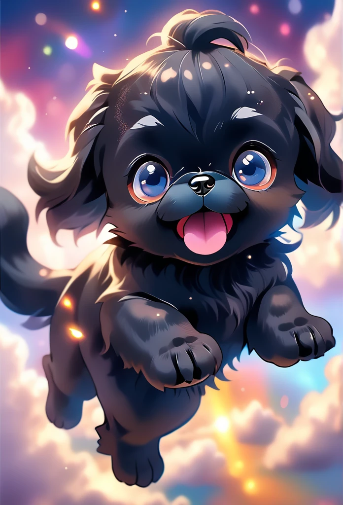 2 cute black Shih Tzu puppies flying through the sky, playful and joyful, adorable puppy with fluffy fur, big blue eyes and happy expression, puppy soaring gracefully through the clouds, magical fantasy scene, vibrant colors, whimsical lighting, highly detailed, 8k, photorealistic, digital art