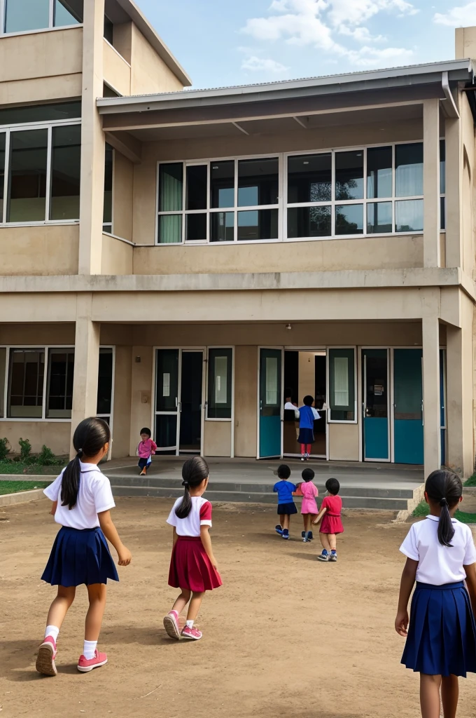 a school building with children playing outside