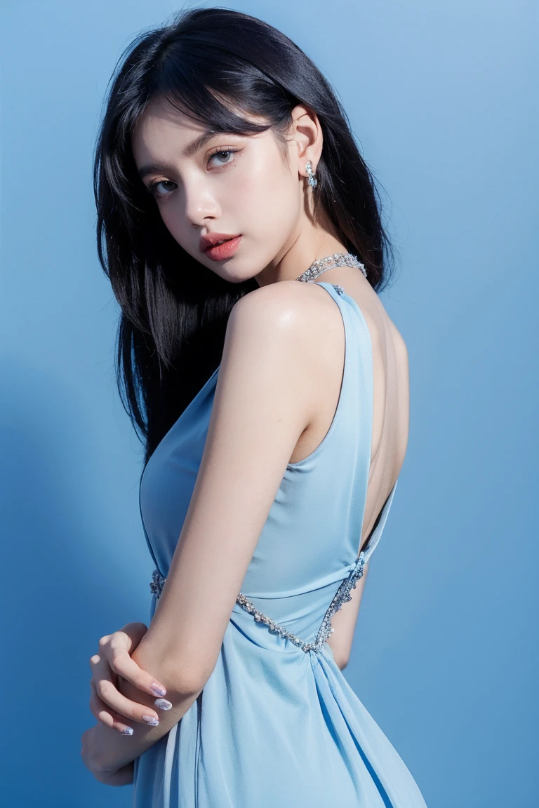21yo girl, beautiful dress, blue background 