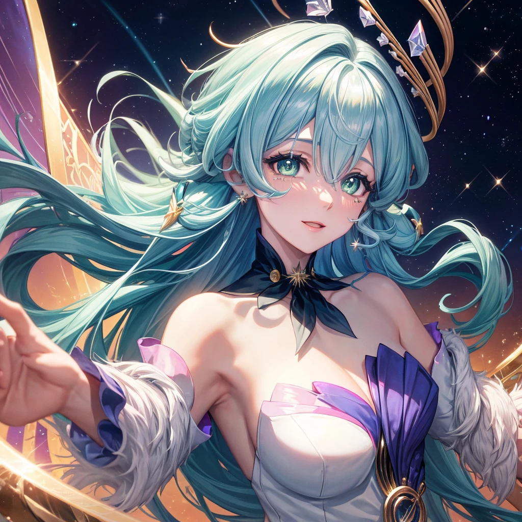 (masterpiece), best quality, expressive eyes, perfect face, 1girl, Robin, Elegant, graceful, youthful, composed, radiant, Galactic singer attire, adorned with precious stones, vibrant colors, Long hair, flowing hair, celestial-themed, Star-shaped jewelry, sparkling gemstones, Grand stage, cosmic background, luminous lights, Joyful, inspiring, enchanting, Magical resonance, harmonic waves, shimmering aura, Singing passionately, hands extended, Beauty, kindness, true feelings, vitality, universal celebration, green eyes, halo, medium breasts, head wings, robinhsr, smile ,