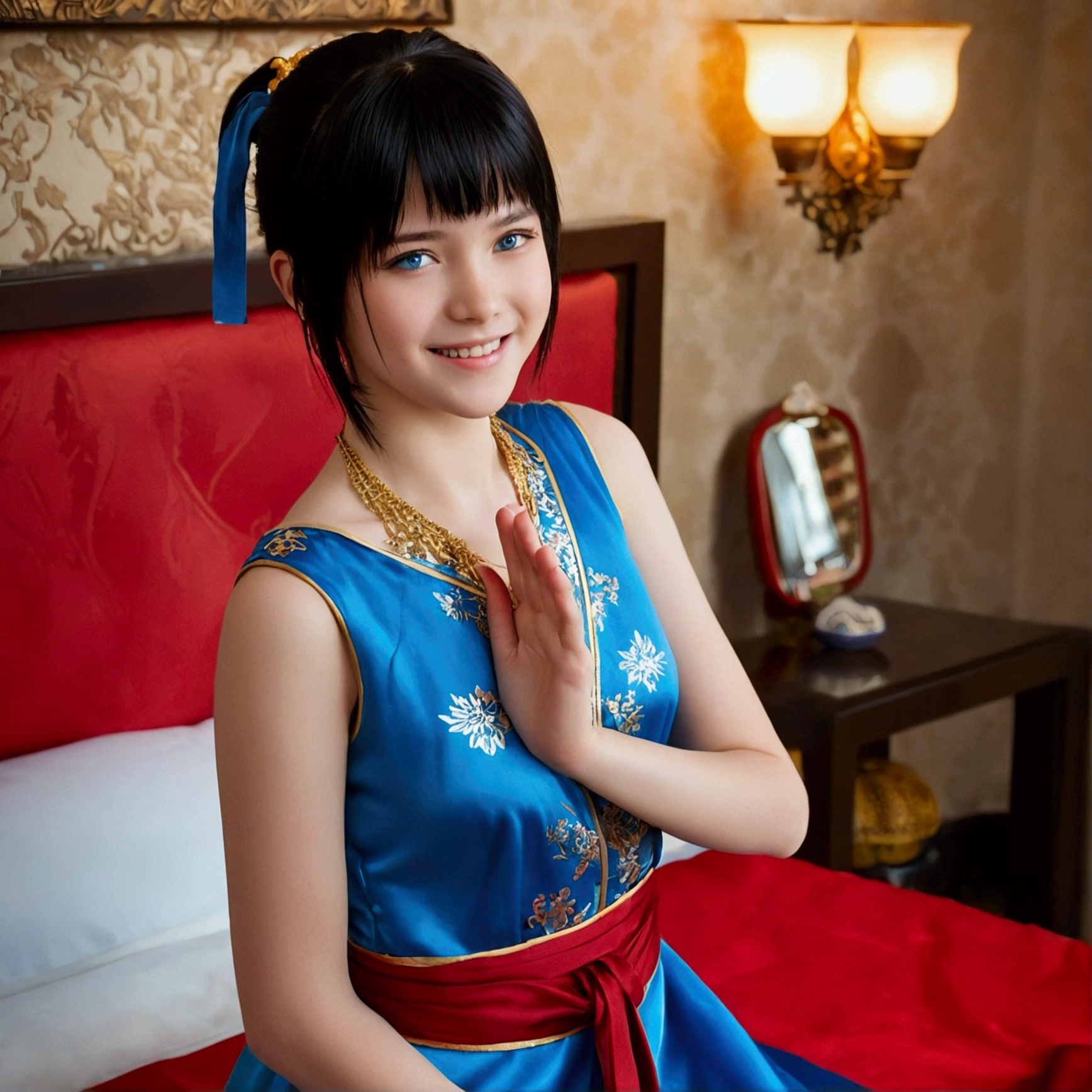 work of art, ultra high quality cg, best qualityer, perfect photo, standing alone, Lidia Sobieska, oriental-like, 16 yrs old, (tekken, short medium black hair, blue colored eyes, red hair tie, stark, smiling), wearing a long blue and gold dress, sitting on the double bed, olhando de lado, blushful, shoulder showing, arms raised as if to hug something, em um apartamento simples oriental-like japonês, playing with a gold jewelry,