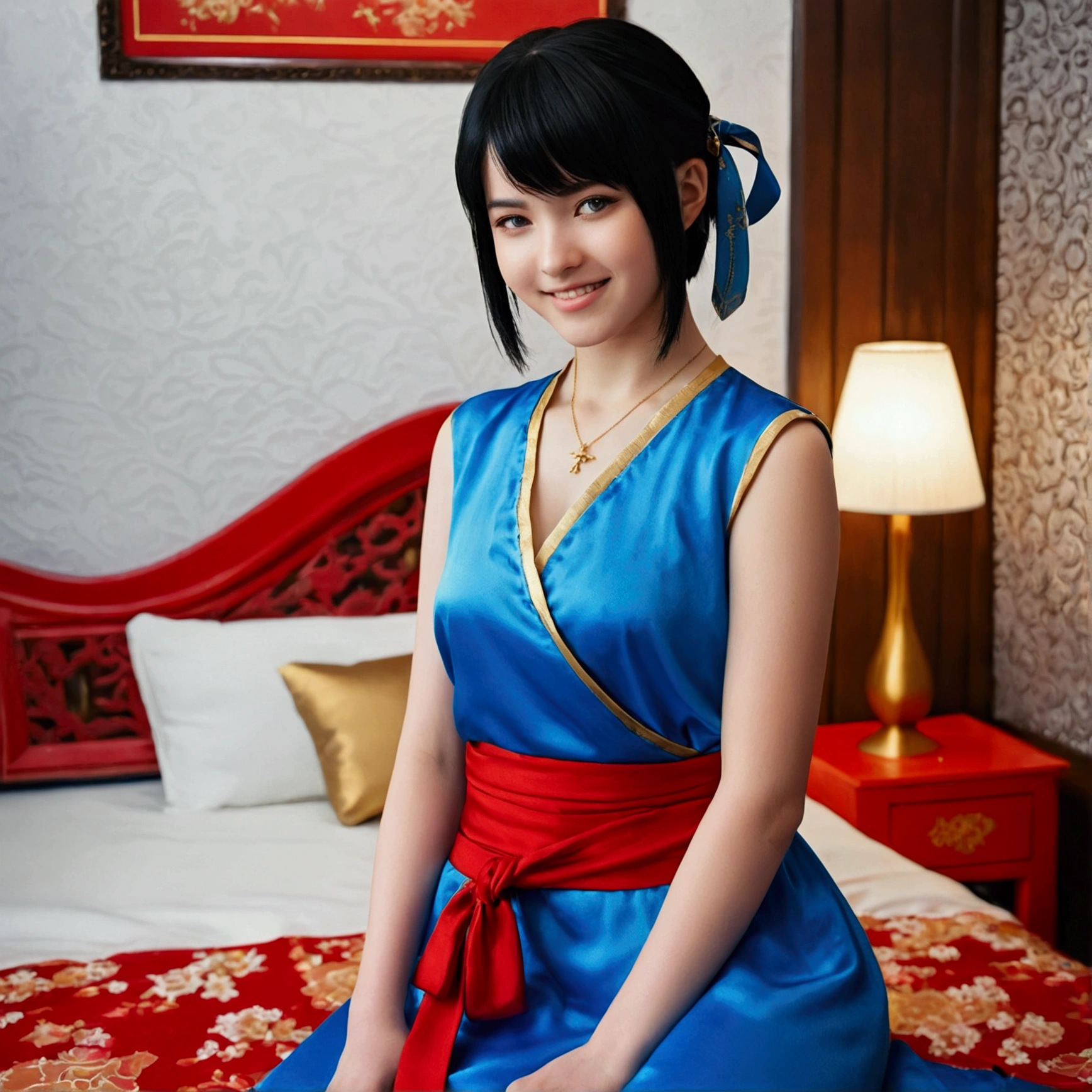 work of art, ultra high quality cg, best qualityer, perfect photo, standing alone, Lidia Sobieska, oriental-like,  old, (tekken, short medium black hair, blue colored eyes, red hair tie, stark, smiling), wearing a long blue and gold dress, sitting on the double bed, olhando de lado, blushful, shoulder showing, arms raised as if to hug something, em um apartamento simples oriental-like japonês, playing with a gold jewelry, 