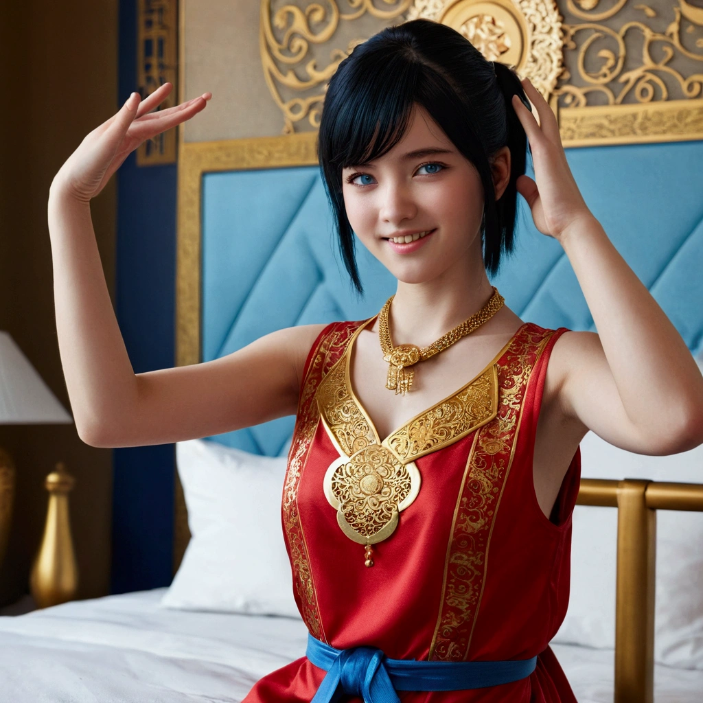 work of art, ultra high quality cg, best qualityer, perfect photo, standing alone, Lidia Sobieska, oriental-like, 16 yrs old, (tekken, short medium black hair, blue colored eyes, red hair tie, stark, smiling), wearing a long blue and gold dress, sitting on the double bed, olhando de lado, blushful, shoulder showing, arms raised as if to hug something, em um apartamento simples oriental-like japonês, playing with a gold jewelry,