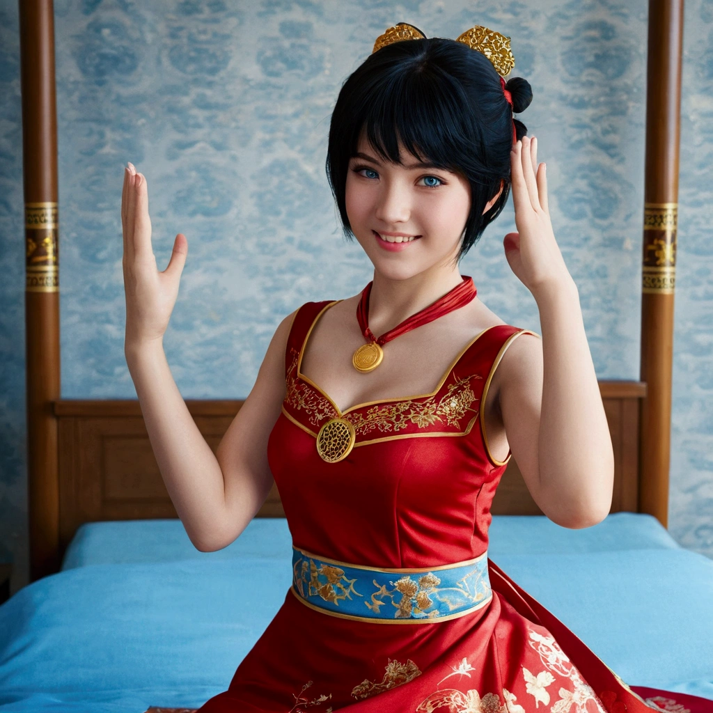 work of art, ultra high quality cg, best qualityer, perfect photo, standing alone, Lidia Sobieska, oriental-like,  old, (tekken, short medium black hair, blue colored eyes, red hair tie, stark, smiling), wearing a long blue and gold dress, sitting on the double bed, olhando de lado, blushful, shoulder showing, arms raised as if to hug something, em um apartamento simples oriental-like japonês, playing with a gold jewelry, 