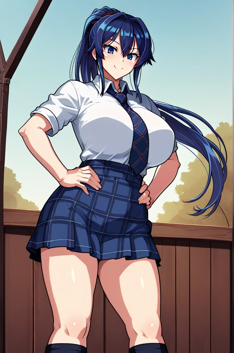 score_9,score_8_up,score_7_up, (masterpiece, best quality:1.0), BREAK, takeda hiromitsu style,One girl, chest, skirt, Knee socks, alone, blue eyes, tie, , Long Hair, Blue Hair, ponytail, huge chest, shirt, tented shirt, Plaid, Outdoor, Plaid skirt, smile, Hands on hips, View your viewers, blue skirt, Side Lock, high ponytail, Thighs, null, wood