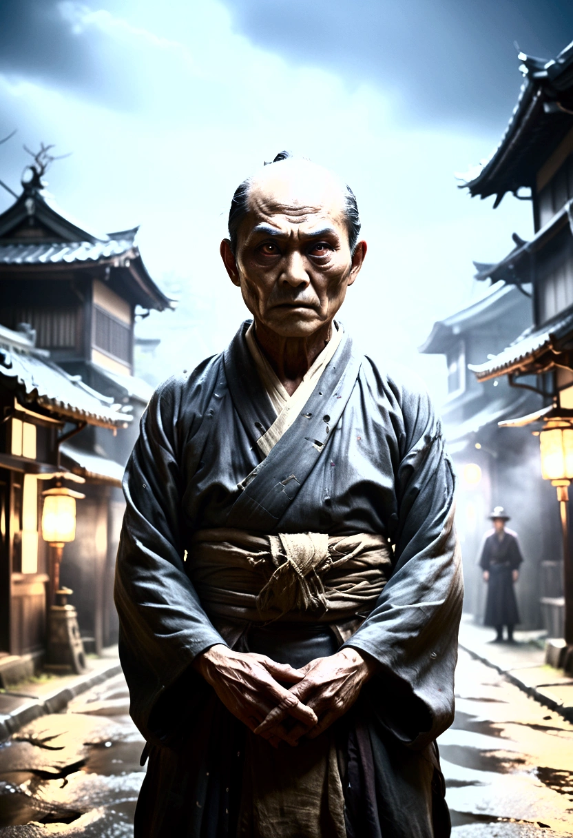 Old-fashioned Japanese town、Night Background、Horror-themed movie stills,、spooky、short、Big head、elder、The eyes are narrow、Arms folded across chest