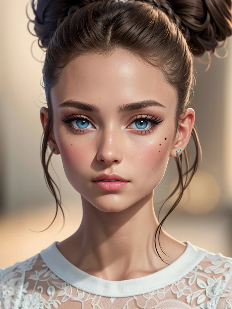 A very beautiful, well-groomed girl, with clear skin, beautiful lips, and a slight smile on her face. Beautiful figure, modern clothes, cool modern couture dress. Sexy. Presentation background, neutral gray-blue, in virtual space. Top quality, 16k. Full HD, Cinematic rendering. Create a piece of art that captures Michela's unique beauty..., Famous Digital Influencer. Focus on her unique facial expression as she looks straight into the camera, trying to capture the intensity of her piercing blue eyes. Accurately capture her signature style with a Spanish-style hairstyle styled in two carefully crafted chignons. Add details that reflect her charming and avant-garde personality. We made sure to convey the aura of modernity and originality that characterizes Lil Miquela in the digital world. Some freckles and nevi, long hair, braided hair.