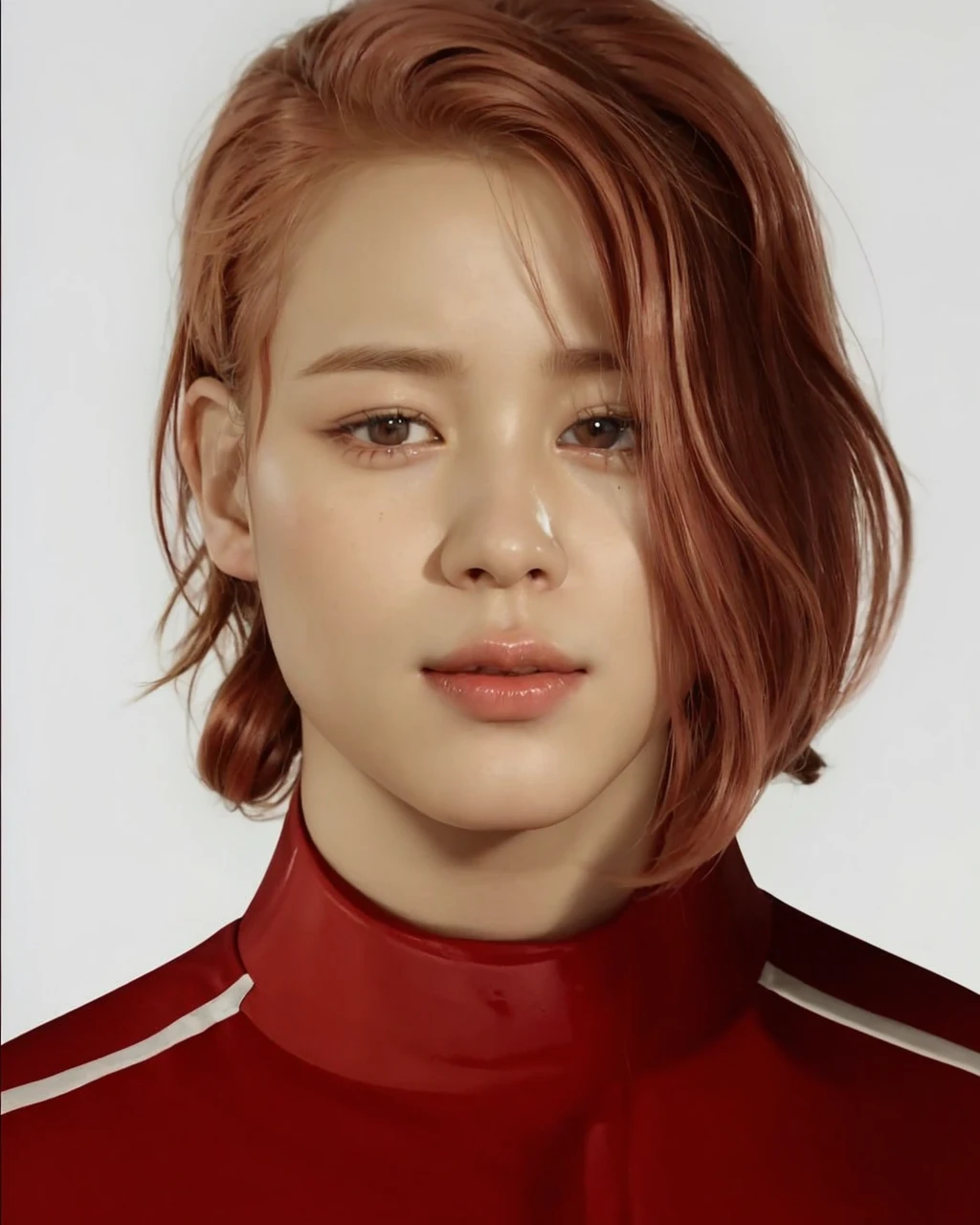 Jimin from BTS, pale skin, doll-like eyes, rosy cheeks and chubby, slightly reddish lips. her red hair, straight and shiny, jimin, park jimin, jimin from bts, doll-like appearance, delicate beauty