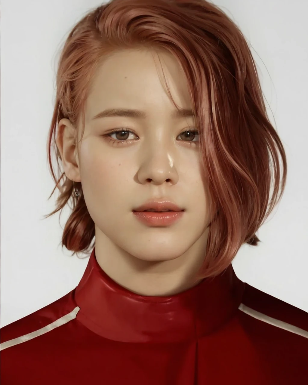 Jimin from BTS, pale skin, doll-like eyes, rosy cheeks and chubby, slightly reddish lips. her red hair, straight and shiny, jimin, park jimin, jimin from bts, doll-like appearance, delicate beauty