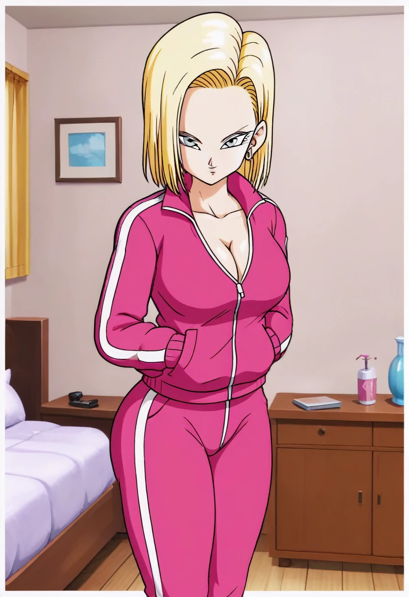 source_anime, score_9, score_8_up, score_7_up, anime screencap,
detailed face, android 18, supertop, 1girl, solo, looking at viewer, short hair, blue eyes, blonde hair, Big breasts, collarbone, hoop earrings, bedroom, collar up, track jacket, pink jacket, track suit, track pants, pink pants, standing, hands in pockets, bent over, Big ass, sexy ass, thick legs, wide hips, (big cleavage:1.4), innerboobs, open the zipper