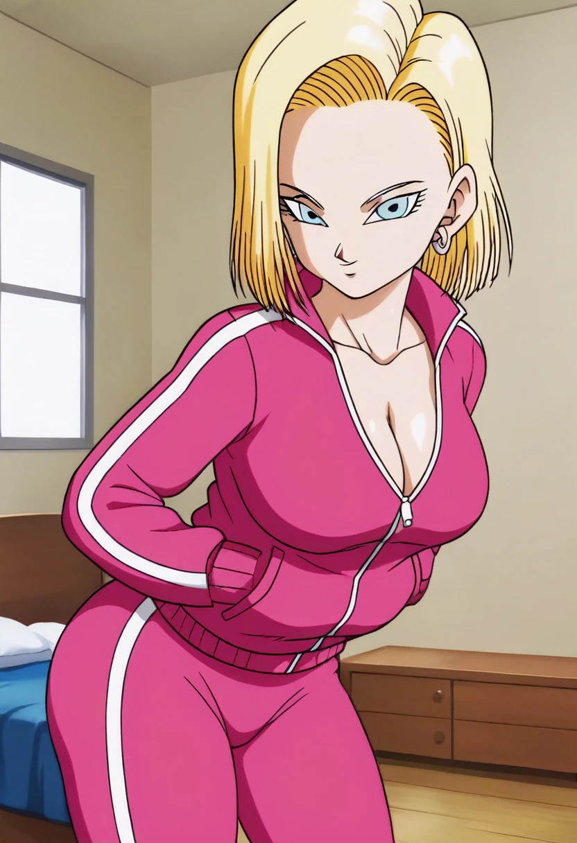 source_anime, score_9, score_8_up, score_7_up, anime screencap,
detailed face, android 18, supertop, 1girl, solo, looking at viewer, short hair, blue eyes, blonde hair, Big breasts, collarbone, hoop earrings, bedroom, collar up, track jacket, pink jacket, track suit, track pants, pink pants, standing, hands in pockets, bent over, Big ass, sexy ass, thick legs, wide hips, (big cleavage:1.4), innerboobs, open the zipper 
