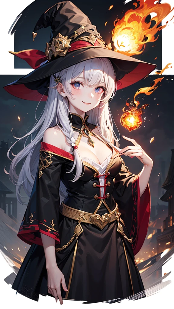 (masterpiece, Top quality), detail, ((Character Concept Art)), (1 名woman, woman, Black long skirt, Witch Hat,young，************，Casting Magic，flame，Fireball, Heart neckline，Witch clothing fabric, Many parts), (Pale skin), (detailed Eyes), detailed Face, ((Charming smile emoji)), Athlete&#39;s body, Black hair, Long hair, ((Charming smile emoji)), details, Animated baby, wallpaper, game illustration, Animagine XL Baby, Long hair long style, ((Cast fire magic, Fire Mage)), detail, Anime babe, wallpaper, game illustration, Animagine XL Baby, Dōjin works, cartoon, (Simple background, White background: 1. 3)