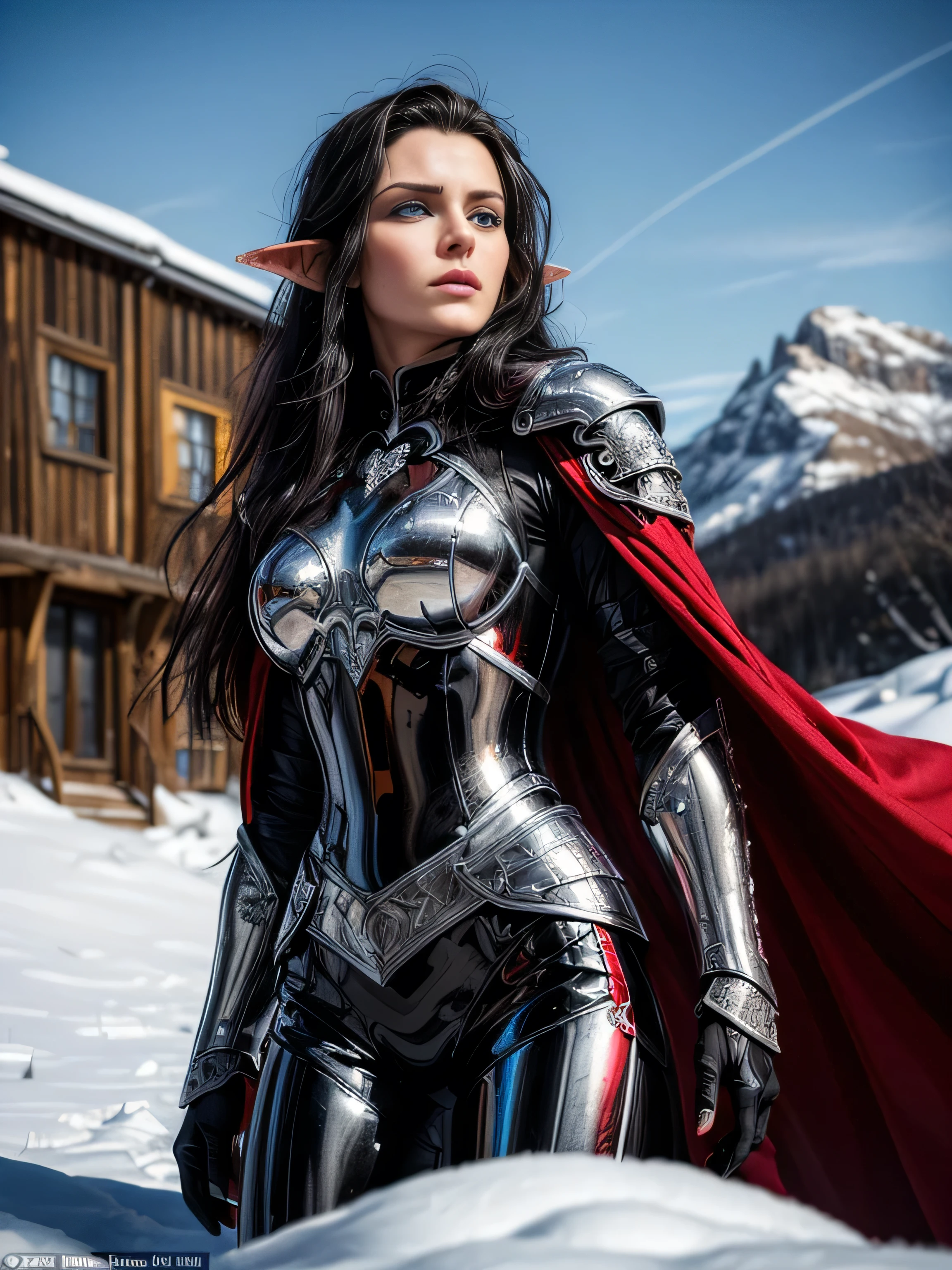 (masterpiece, photorealistic:1.4, extremely intricate:1.6), (photon mapping, radiosity, physically based rendering, ultra resolution, hyper-realistic, photorealistic:1.4, hyper-realistic, 8K, dtx), ((twentyfive elf female [bodybuilder:supermodel:0.2], (elven girl, ((lacquered black chrome armor)), filigree, etched, crimson red cloak, wind, windy, long straight [glossblack hair:purple hair:0.8]), [iceblue eyes:green eyes:0.9]), [from below:side view:0.5]), outside, snowy mountain trail, outdoors, winter, cold, snow, Fantasy, (metal reflections)