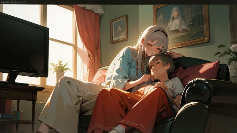 painting of a woman and a man sitting on a couch, inspired by Wojciech Weiss, inspired by Pietro Longhi, inspired by Hans Eduard von Berlepsch-Valendas, by Kamisaka Sekka, inspired by Samuel Hieronymus Grimm, inspired by Romaine Brooks, inspired by Henry Fuseli studio Ghibli style