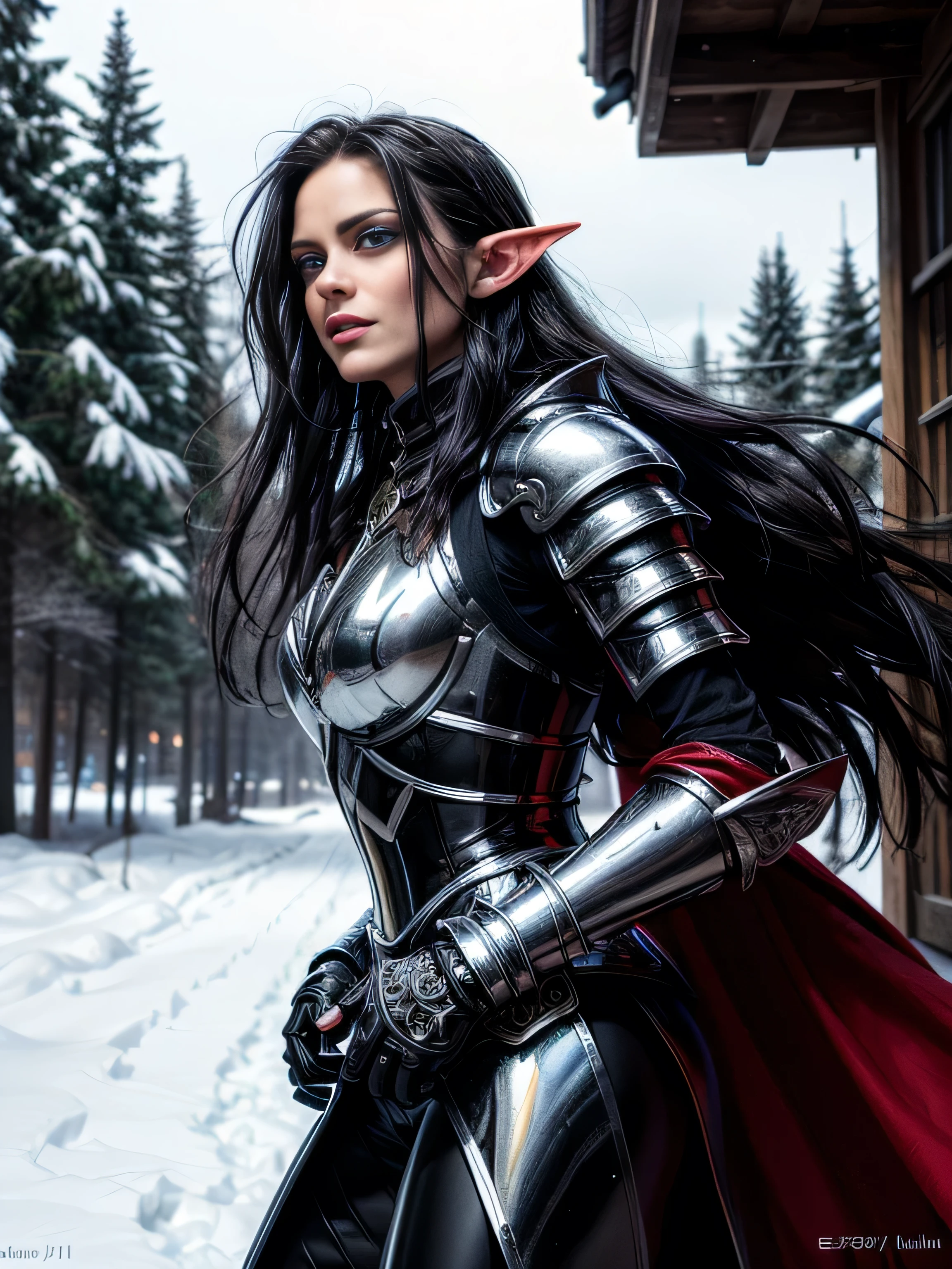 (masterpiece, photorealistic:1.4, extremely intricate:1.6), (photon mapping, radiosity, physically based rendering, ultra resolution, hyper-realistic, photorealistic:1.4, hyper-realistic, 8K, dtx), ((twentyfive elf female [bodybuilder:supermodel:0.2], (elven girl, ((lacquered black chrome armor)), filigree, etched, crimson red cloak, wind, windy, long straight [glossblack hair:purple hair:0.8], ([large breasts:gigantic breasts:0.3])), [iceblue eyes:green eyes:0.9]), [from below:side view:0.2]), outside, snowy mountain trail, outdoors, winter, cold, snow, Fantasy, (metal reflections)