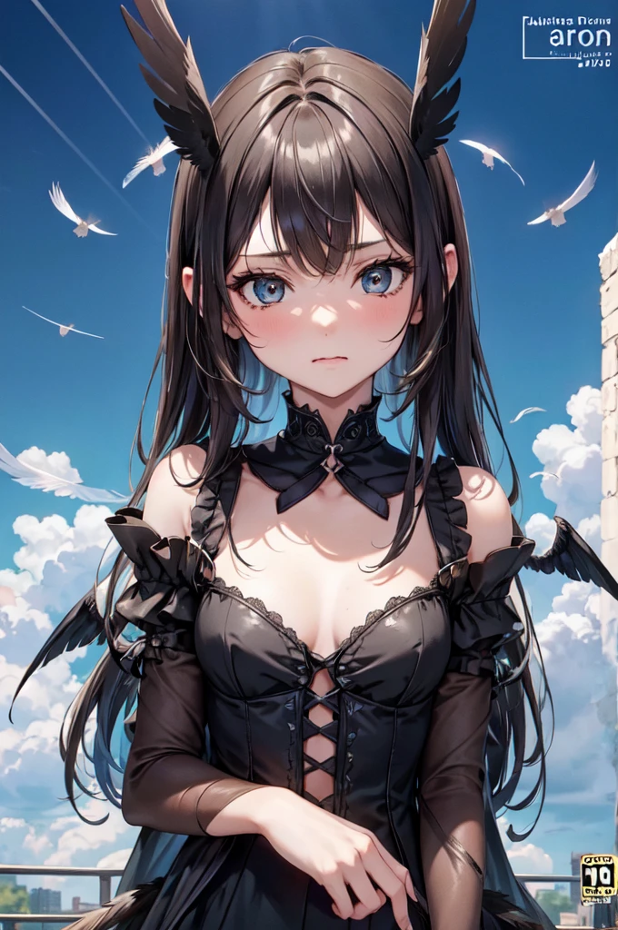 masterpiece, Angel Girl, young，，Brunette with wings, Heart neckline，Black dress with feathers, Close-up portrait, Delicate face, Lots of black feathers, silver，Black Wings, Blue sky, cloud, castle, whole body,(Cover Style:1.3)，anger，Veins popping out，fury ，ruins
