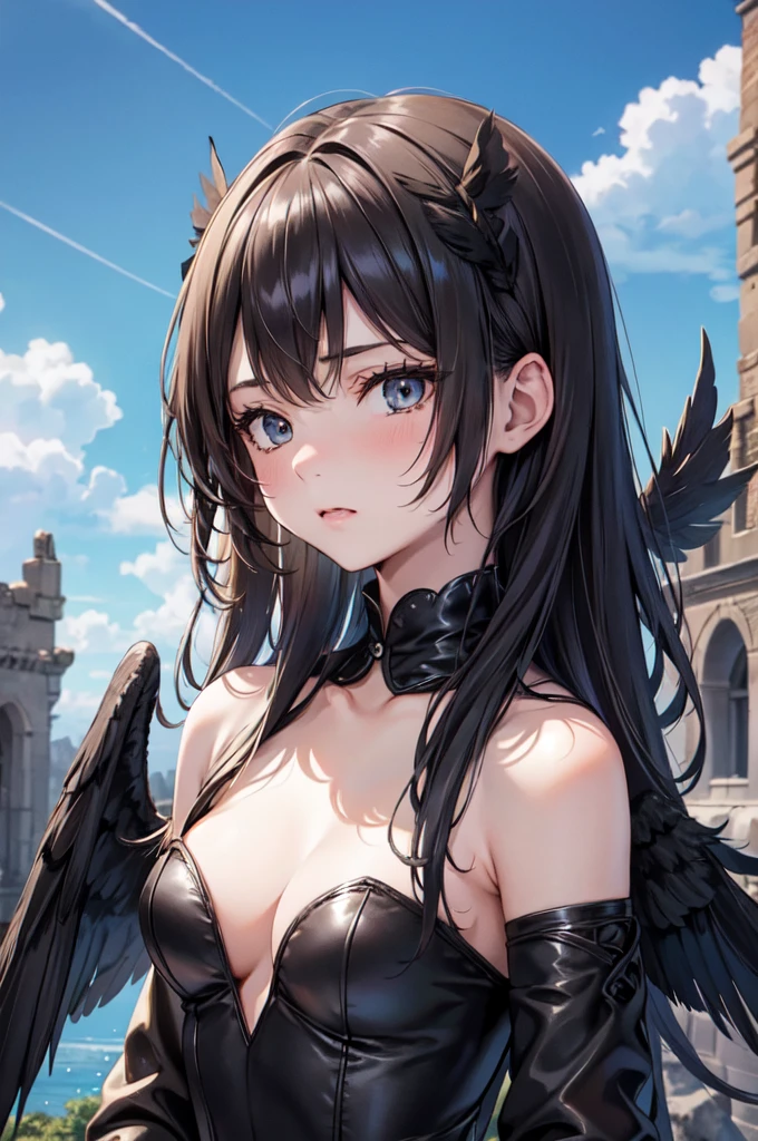 masterpiece, Angel Girl, young,,Brunette with wings, Heart neckline,Black dress with feathers, Close-up portrait, Delicate face, Lots of black feathers, silver,Black Wings, Blue sky, cloud, castle, whole body,(Cover Style:1.3),anger,Veins popping out,fury ,ruins