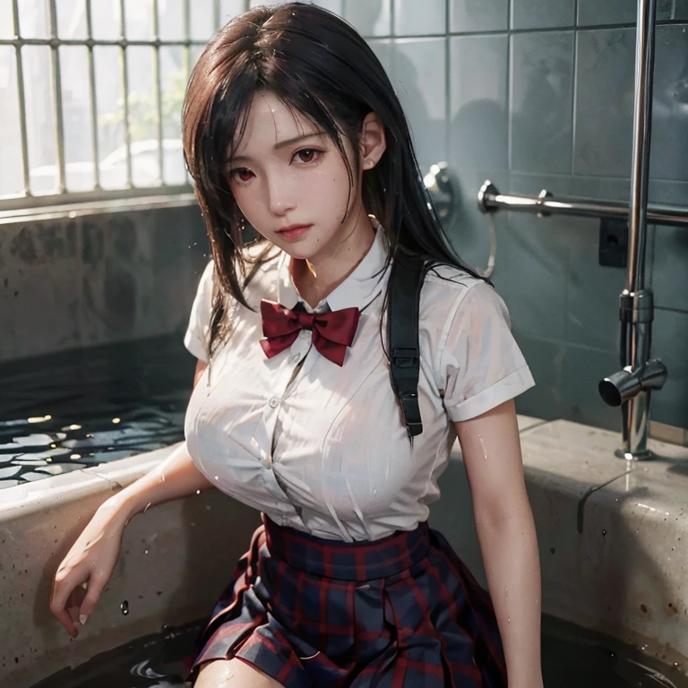 (masterpiece, best quality:1.2), in the bath , wet clothes, soaked, wet hair, wet skin, translucent, glistening with oil , dishevelled , solo, 1girl, school girl uniform , steam , plaid skirt , pleated skirt , The shirt is tight. , white shirt , school girl , red bow , red knot , highly detailed photo of Tifa Lockhart , red eyes, intricate, highres, 8k, detailed hair , wet and sweaty , wet white shirt , clothes were so wet that her breasts could be seen , Nipples can be seen through , Soak in water ,