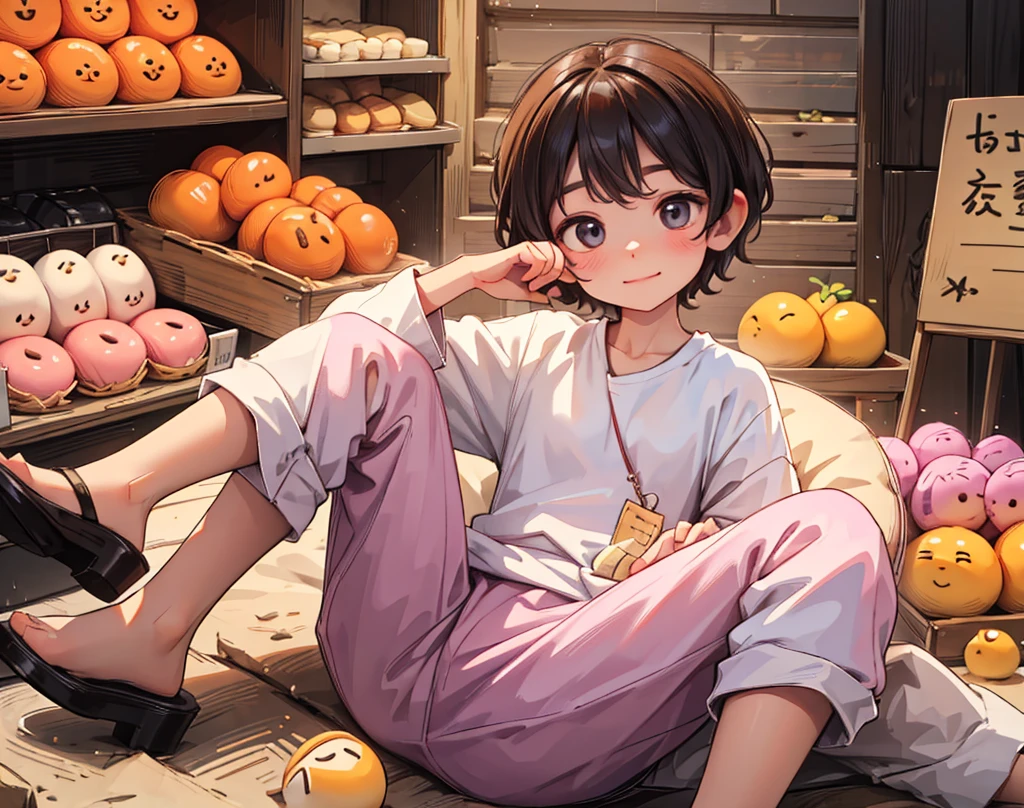 "Villager young boypays the full amount for the properly weighed sweets, looking satisfied."