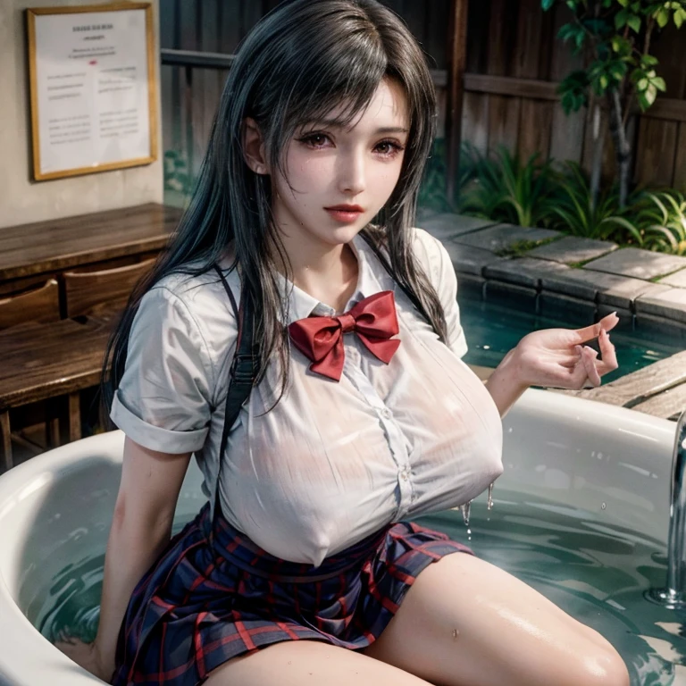 (masterpiece, best quality:1.2), in the bath , wet clothes, soaked, wet hair, wet skin, translucent, glistening with oil , dishevelled , solo, 1girl, school girl uniform , steam , plaid skirt , pleated skirt , The shirt is tight. , white shirt , school girl , red bow , red knot , highly detailed photo of Tifa Lockhart , red eyes, intricate, highres, 8k, detailed hair , wet and sweaty , wet white shirt , clothes were so wet that her breasts could be seen , Nipples can be seen through , Soak in water ,