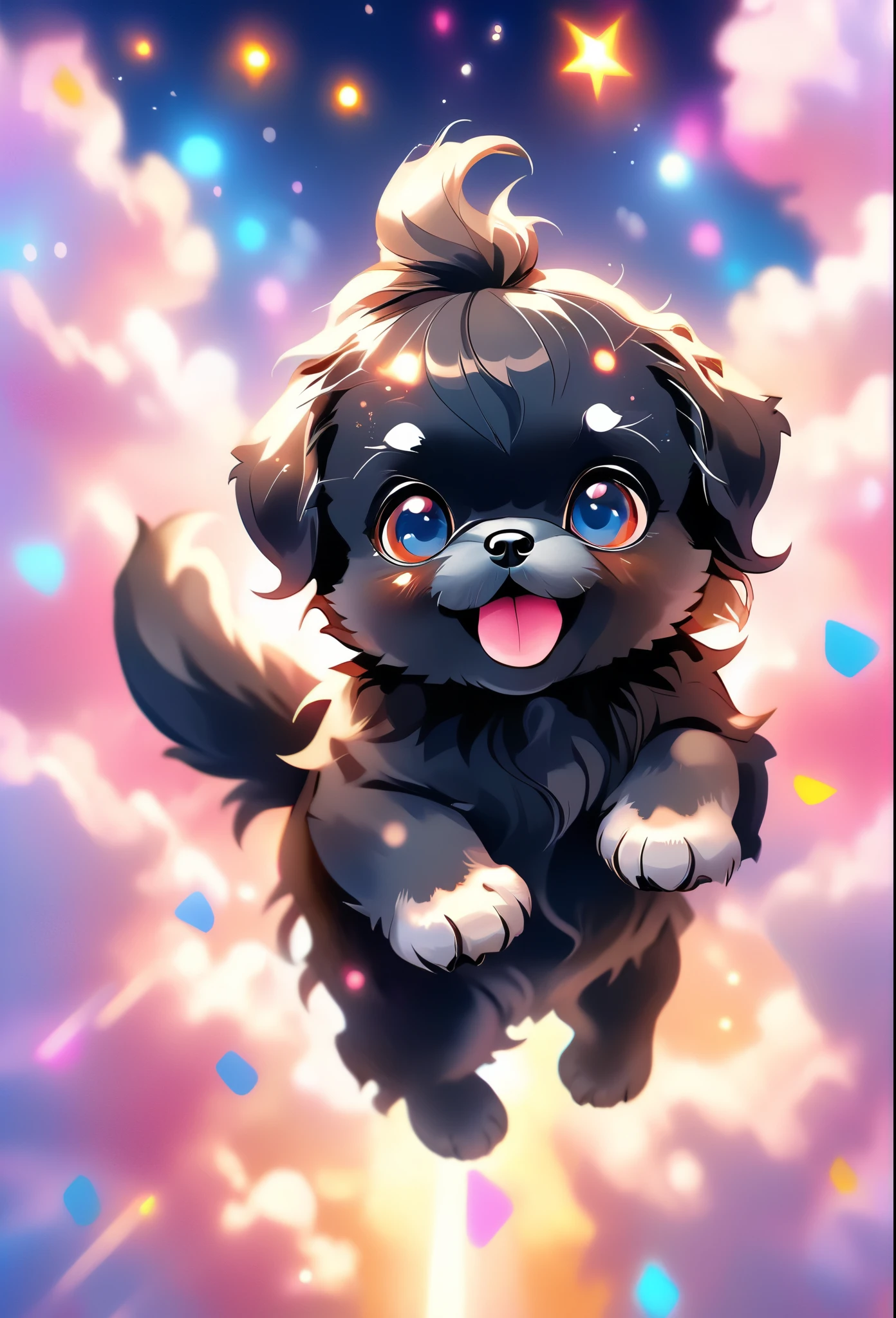 2 cute black Shih Tzu puppies flying through the sky, playful and joyful, adorable puppy with fluffy fur, big blue eyes and happy expression, puppy soaring gracefully through the clouds, magical fantasy scene, vibrant colors, whimsical lighting, highly detailed, 8k, photorealistic, digital art