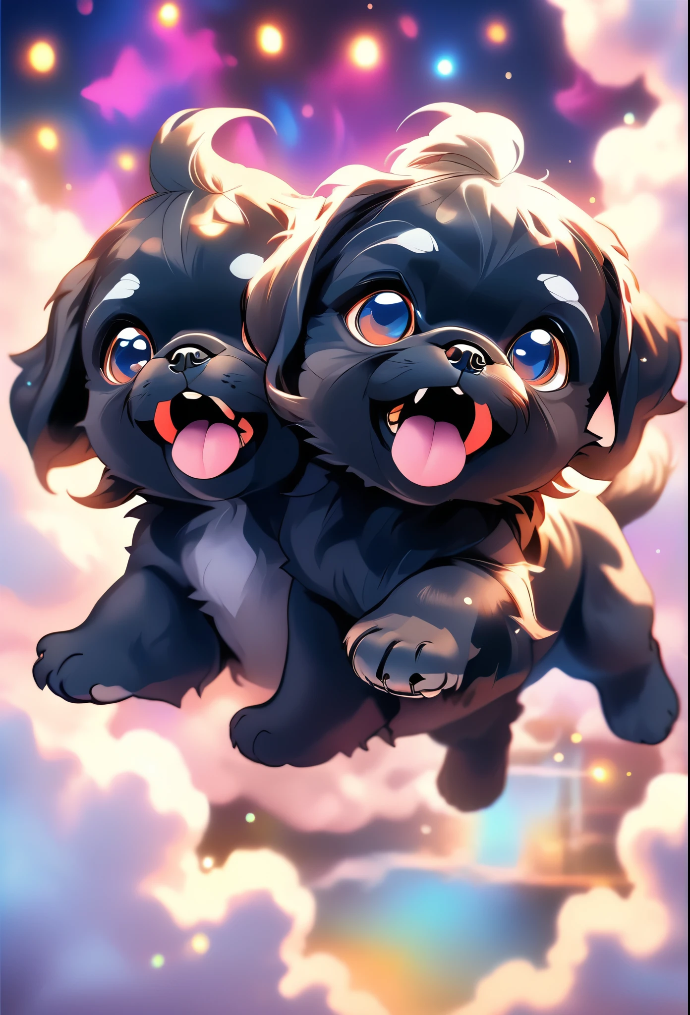 2 cute black Shih Tzu puppies flying through the sky, playful and joyful, adorable puppy with fluffy fur, big blue eyes and happy expression, puppy soaring gracefully through the clouds, magical fantasy scene, vibrant colors, whimsical lighting, highly detailed, 8k, photorealistic, digital art
