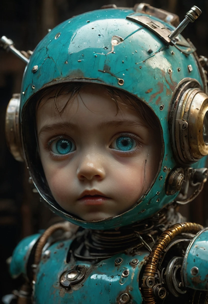 Oil on dirty gauze. Little funny robot, porcelain face and head, big turquoise eyes, perfect eyes, best quality, epic, hyperrealism, fantasy atmosphere, ferrotype defects, visual paradox, causticity, dark theme, cuteness overload, ladyrecore, chiaroscuro, vanishing point, professional, masterpiece artistic portrait, multilayer sheets, techniques used: lithography, chiaroscuro, atmospheric perspective, Engine of Unreality, Greg Rutkowski. 8k uhd, dust particles.