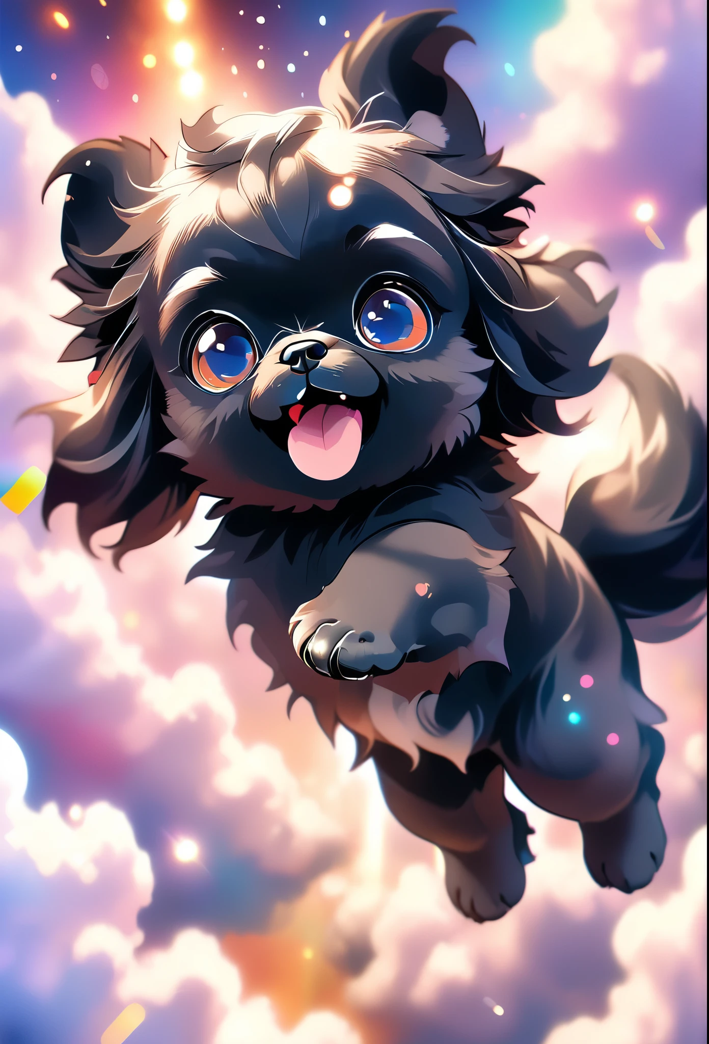 2 cute black Shih Tzu puppies flying through the sky, playful and joyful, adorable puppy with fluffy fur, big blue eyes and happy expression, puppy soaring gracefully through the clouds, magical fantasy scene, vibrant colors, whimsical lighting, highly detailed, 8k, photorealistic, digital art