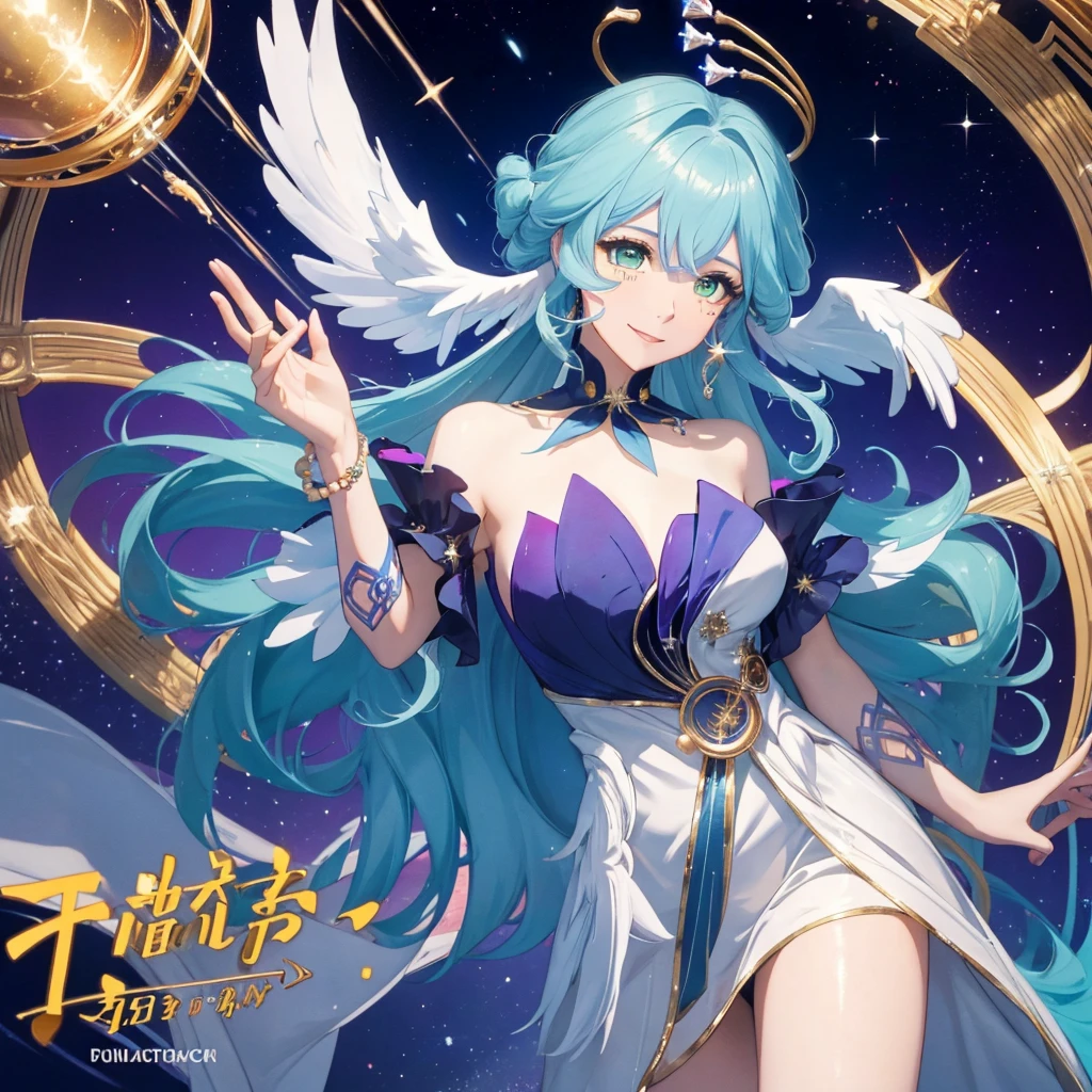 (masterpiece), best quality, expressive eyes, perfect face, 1girl, Robin, Elegant, graceful, youthful, composed, radiant, Galactic singer attire, adorned with precious stones, vibrant colors, Long hair, flowing hair, celestial-themed, Star-shaped jewelry, sparkling gemstones, Grand stage, cosmic background, luminous lights, Joyful, inspiring, enchanting, Magical resonance, harmonic waves, shimmering aura, Singing passionately, hands extended, Beauty, kindness, true feelings, vitality, universal celebration, green eyes, halo, medium breasts, head wings, robinhsr, smile ,