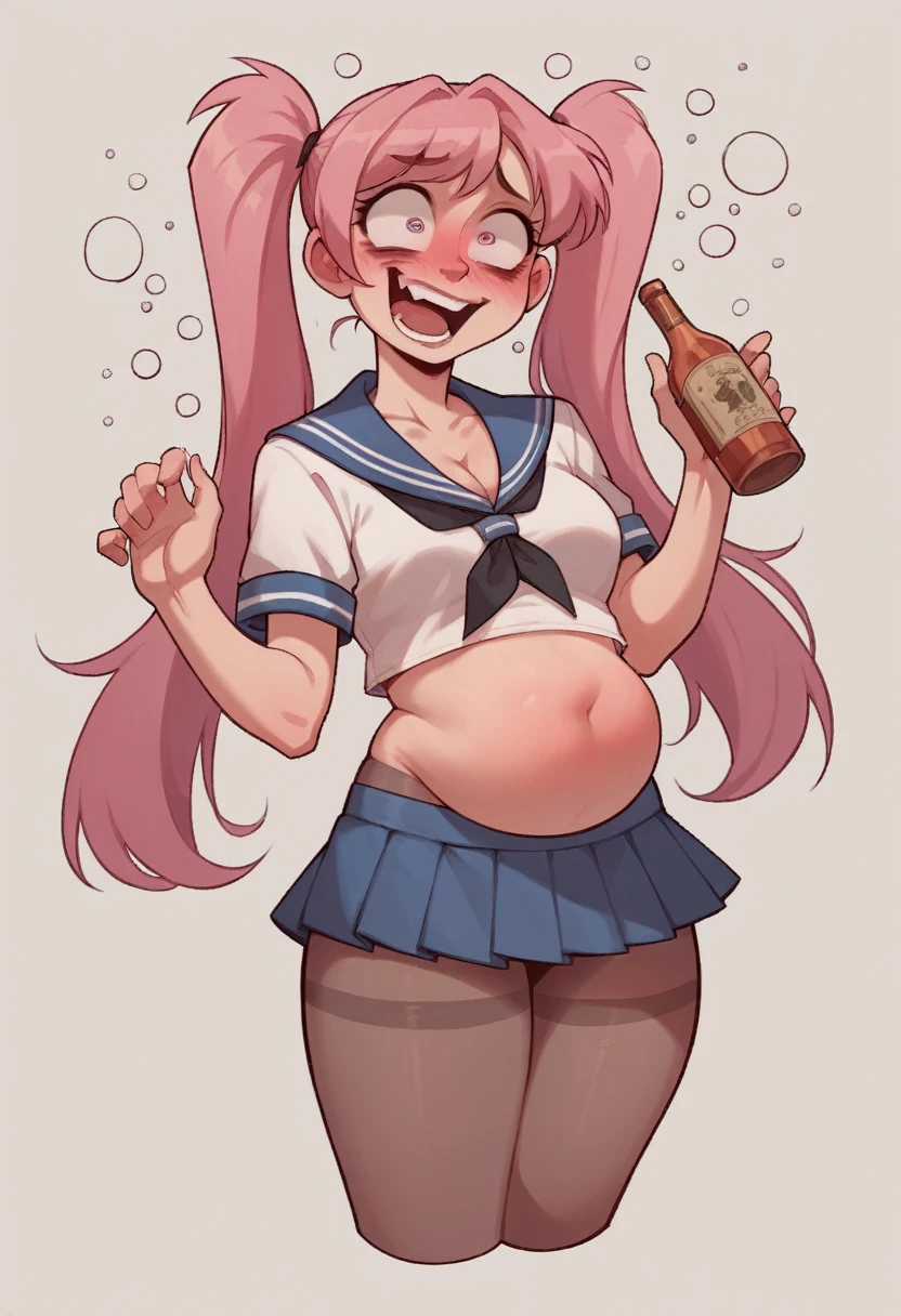 pantyhose,sailor,microskirt,cute,wariza,pink hair,blush,crop top,see throul,twintails,cleavage,crazy eyes, ((very drunk)), ((staggers)), ((belly stuffed)), ((full belly)), ((see his ass)),