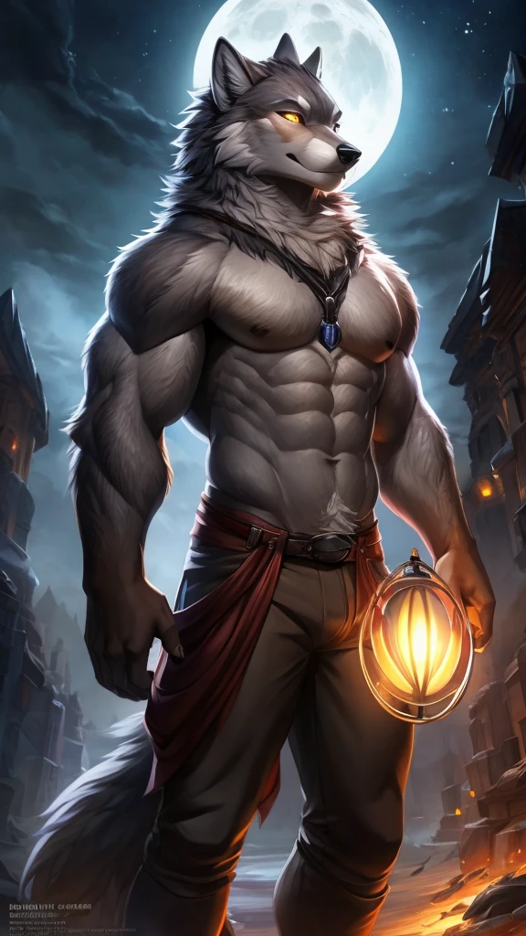 male wolf, full body covered in fluffy fur, , large muscular chest, volumetric abdomen, day, sensual, detailed, uploaded to e621, beautiful and detailed portrait of an anthropomorphic gray wolf (((male))) subtract, ross tran, ruanjia , uploaded to e621, zaush, fox, Film lighting, moon lights, glowing eyes, Gray Skin, he is wearing brown color, full body