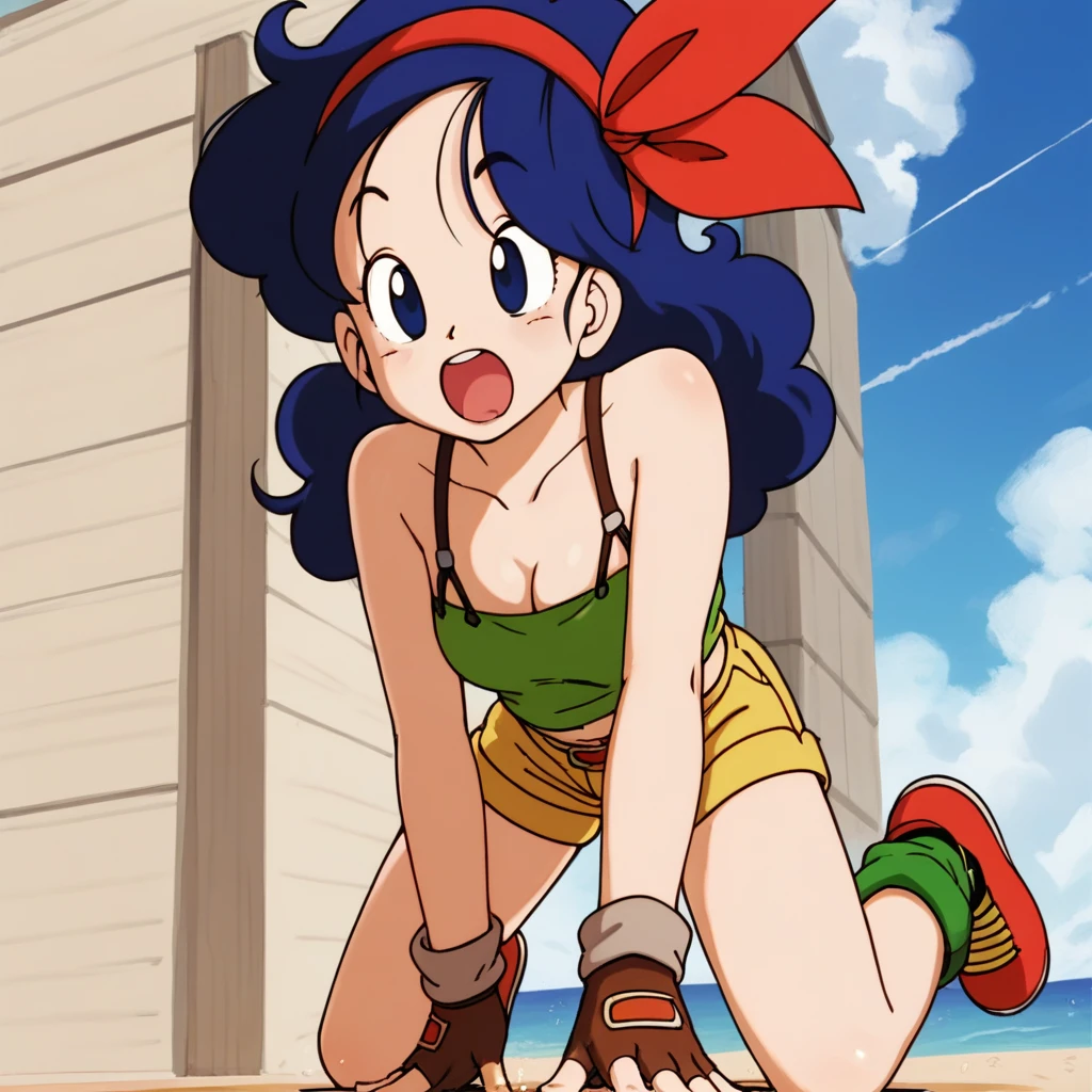 source_anime, score_9, score_8_up, score_7_up, anime screencap, high quality, launch good, 1girl, solo, blue hair, breasts, sneezing, fingerless gloves, shorts, from below, blue eyes, cleavage, green crop top, long hair, sky, open mouth, cloud, curly hair, blue sky, midriff, day, medium breasts, outdoors, brown gloves, ribbon, short shorts, red hairband, bare shoulders, collarbone, yellow shorts, shirt, red footwear, green legwear, eyelashes, seaside