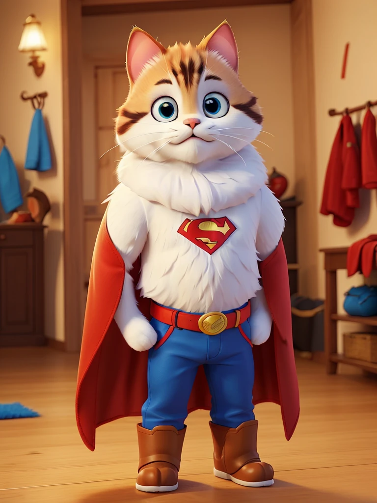 Imagine a cat with soft, fluffy fur, with a compact and muscular body, weighing approximately 4 kilos. Its coat is pure, bright white., without a single stain, Enhancing Your Angelic Aspect. Your eyes are big and expressive, deep blue, shining with a curious intelligence. The ears are pointed and always alert, with small tufts of hair at the ends, giving it a slightly wild look.
Dressed like Superman, the cat sports a tight blue uniform, that fits perfectly to your athletic body. The iconic symbol of "S" in red and gold is printed proudly on the chest, standing out against the blue of the uniform. Around your waist, a red belt divides the top of the uniform from the blue pants, completing the heroic look.
A vibrant red cape floats gracefully behind him, secured by golden hooks on the shoulders. The cape is long enough to drag slightly across the floor when he is standing still, but it is light and fluid, moving elegantly with every jump and run. Its paws are covered by small red boots., that add a finishing touch to the outfit, giving you an even more fearless look.
The cat's expression is one of pure confidence and determination, with a slight smile on your face that suggests a readiness to face any challenge. His white whiskers tremble slightly with each movement, adding a touch of charm to your heroic look. With his combination of innate cuteness and superhero costume, This cat is the embodiment of courage and adorableness, ready to save the day in style.