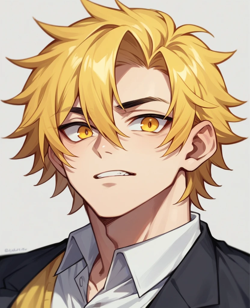 Create a stylish male character with black and yellow colour hair and black colour eyes
