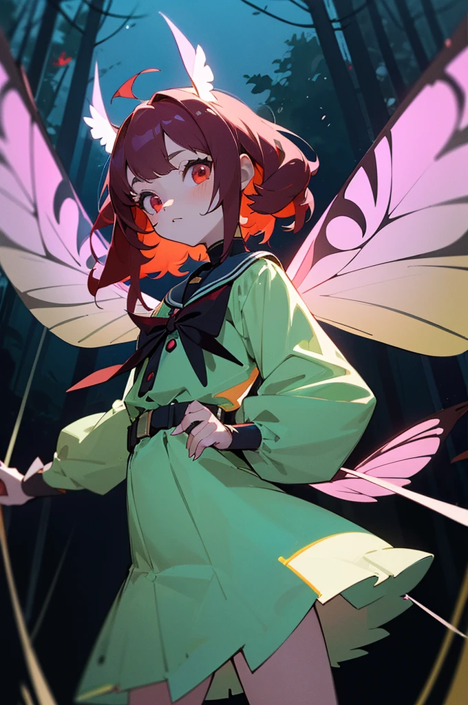 (masterpiece, best quality:1.1),popart,flat color design,tween girl,cute, (girl wearing a moth costume,moth wings,fluffy moth fur,moth antennae),red eyes,navy hair,fullbody,in night forest,dynamic angle,dynamic angle,beautiful lighting,photographic portrait, sharp,cowboy shot