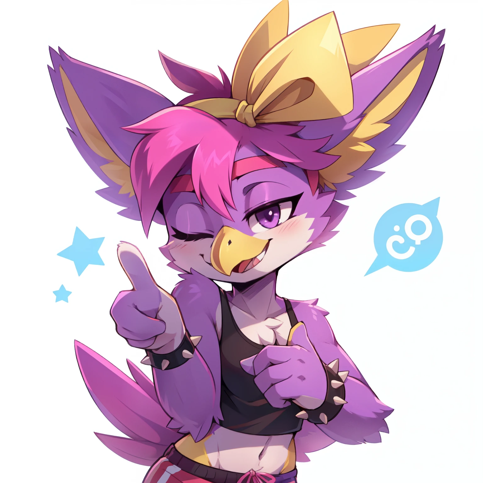 score_9,score_8_up,score_7_up,score_6_up,score_5_up,score_4_up, lynx, purple fur, purple eyes, anthro, blue hair, purple hair, eyeliner, eyelashes, black eyeshadow, furry art, tuft on cheeks, tuft on shoulders, male focus, femboy, cute fangs, kemono, shota, fluffy neck, icon portrait, showing teeth, (by nextel), 3d, blender software, crop top, backwards cap, nipples, avatar icon,