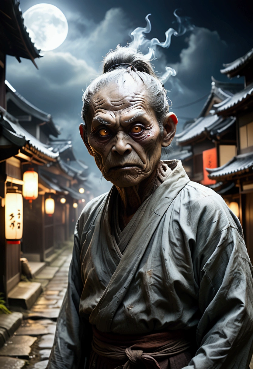 Old-fashioned Japanese town、Night Background、Horror-themed movie stills,、spooky、short、Japanese Yokai、elder、Big head、Wrinkles are frequent、The eyes are narrow、Smoking kissel