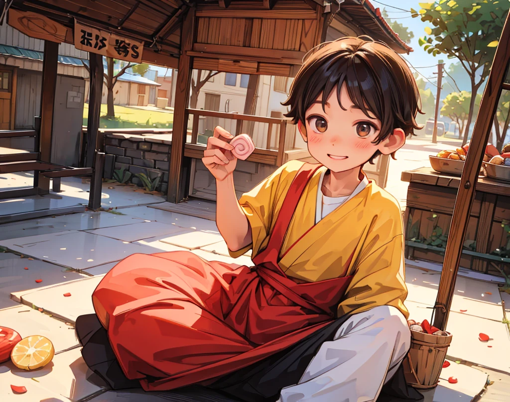 "Villager young boy give amount for the sweets, looking satisfied."