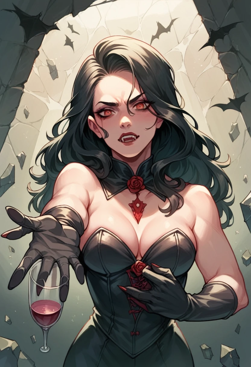 Vampire, long black haired, Fetish, submissive, A hand in glove reaching half broken glass of vine wine, a dating bar interviewer