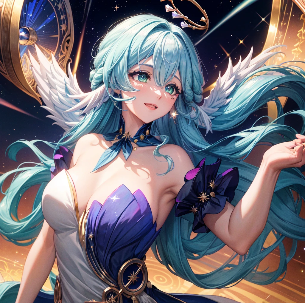 (masterpiece), best quality, expressive eyes, perfect face, 1girl, Robin, Elegant, graceful, youthful, composed, radiant, Galactic singer attire, adorned with precious stones, vibrant colors, Long hair, flowing hair, celestial-themed, Star-shaped jewelry, sparkling gemstones, Grand stage, cosmic background, luminous lights, Joyful, inspiring, enchanting, Magical resonance, harmonic waves, shimmering aura, Singing passionately, hands extended, Beauty, kindness, true feelings, vitality, universal celebration, green eyes, halo, medium breasts, head wings, robinhsr, smile ,