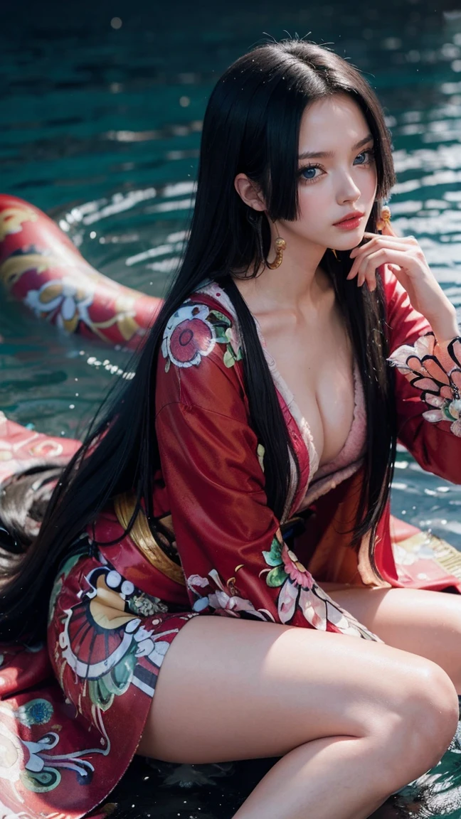 a person with long hair, red kimono, boa hancock, boa hancock from anime one piece, as an anime character, perfect anime face, she has black hair with bangs, female anime character, anime character, anime best girl, hime cut hairstyle, black hair, (red glossy lips:1.3), blue eyes, smile, sea background, (beautiful face:1.3) large 