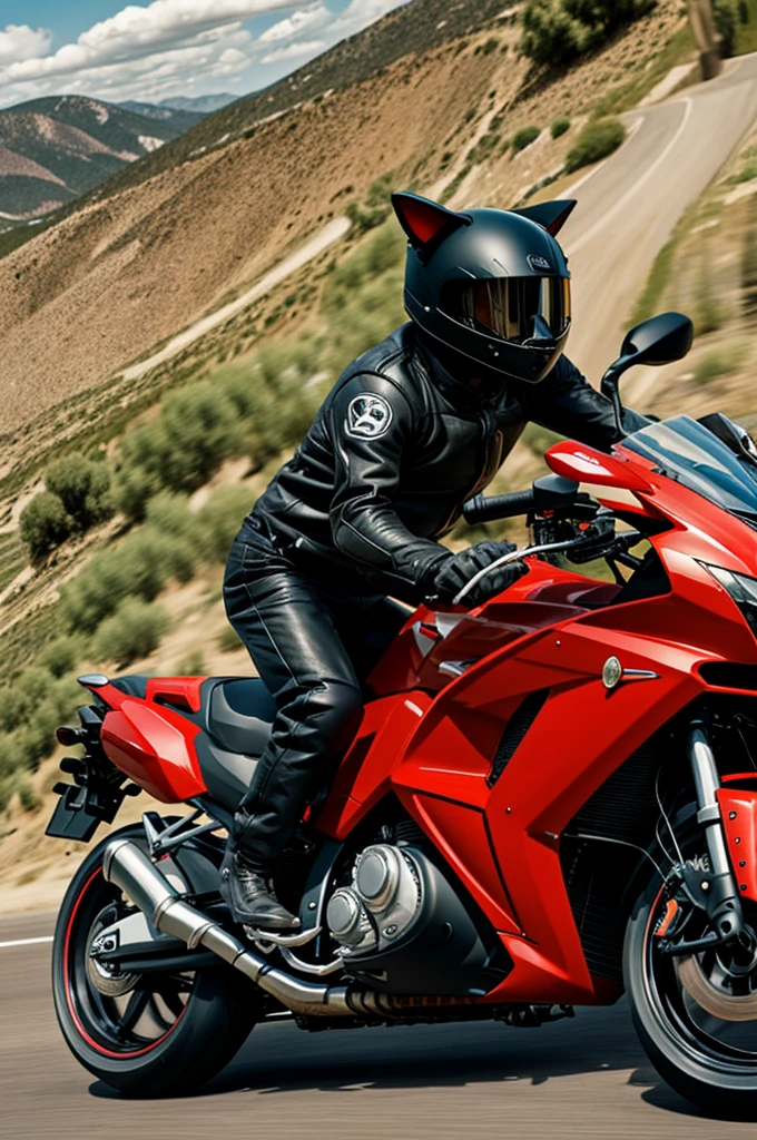 Cartoon of a cat driving a red sports motorcycle